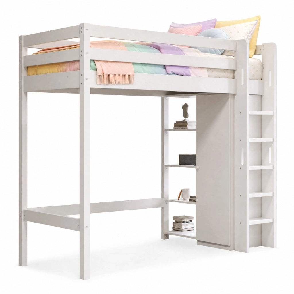 Letto a soppalco per bambini 90x200 cm con armadio e 6 ripiani, bianco