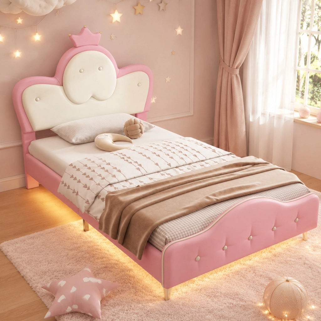 Letto imbottito per bambini 90x200 cm con LED, testiera a corona, PU rosa e bianco