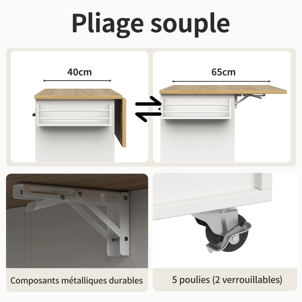 Carrello da Cucina con Piano Lavoro ¨C MINIMAL ¨C Bianco, Legno, Ripiani Regolabili