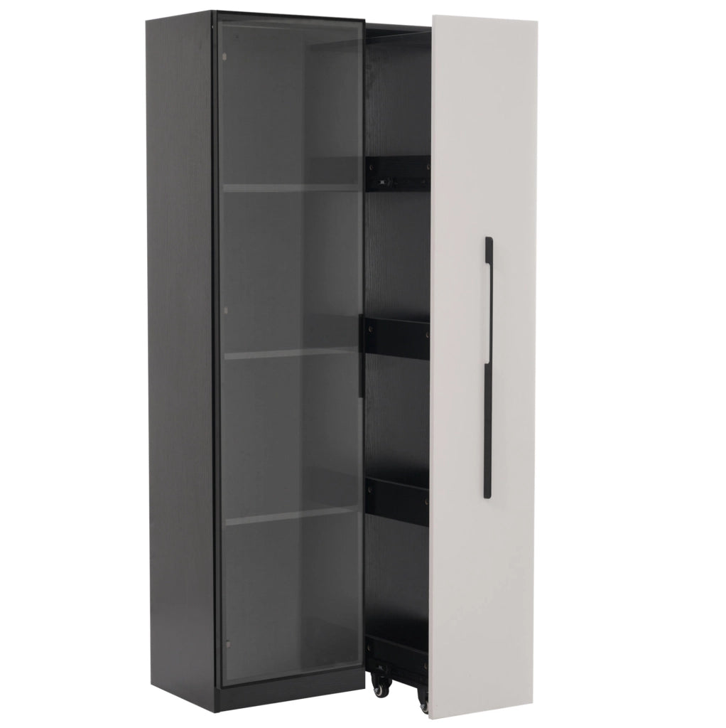 Vetrina 70x40x160 cm con illuminazione LED e ripiano laterale in MDF nero e bianco