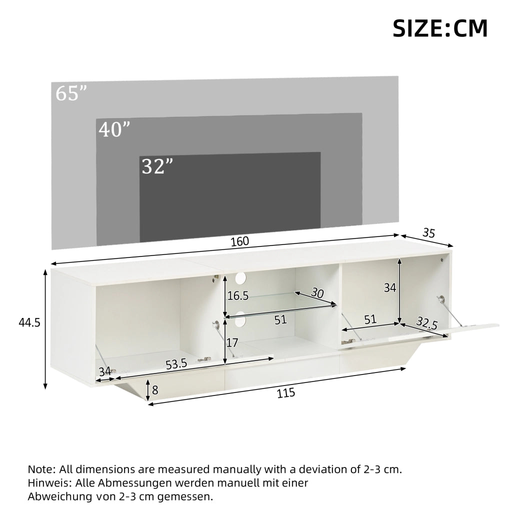 Mobile TV sospeso 160 cm in finitura lucida bianca con LED RGB e ampio spazio contenitivo