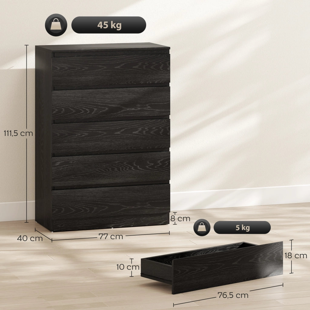 Cassettiera 5 Cassetti Moderna per Camera Soggiorno Ufficio ¨C Minimal ¨C Nero 77x40x111,5 cm