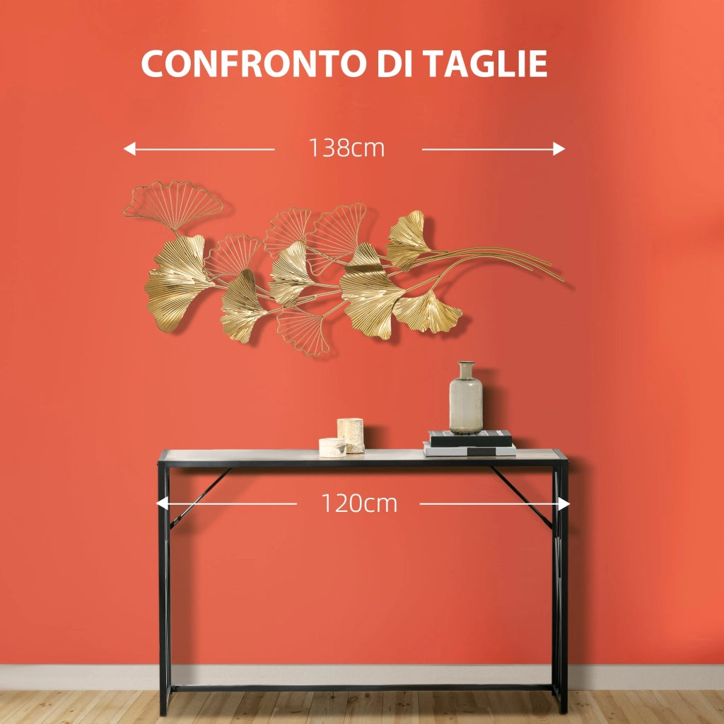 Decorazione Murale 3D 138x70 cm in Metallo Wall Art Dorata con Foglie di Ginkgo