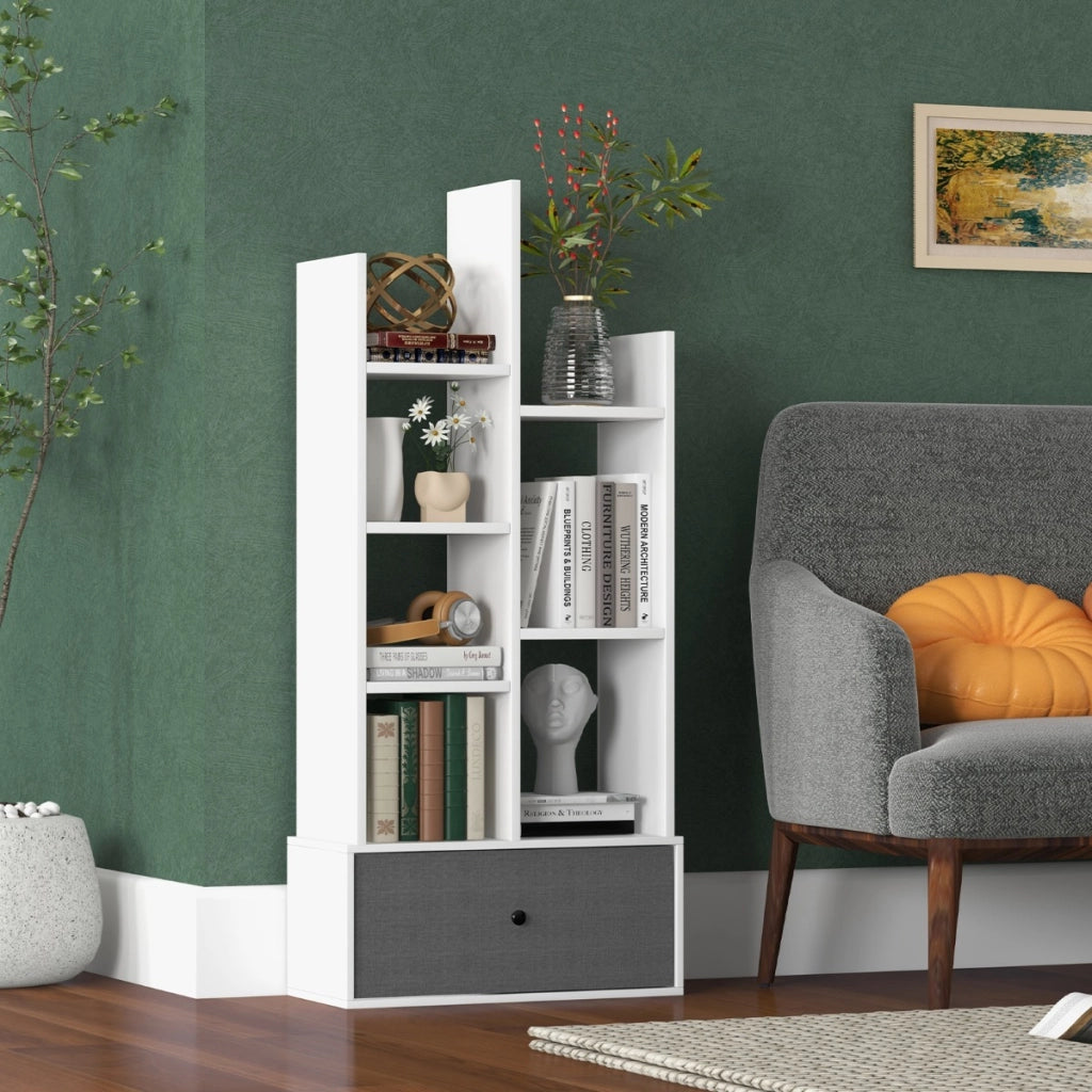 Libreria a 7 piani con cassetto 7 scomparti, Libreria espositiva in legno da 118 cm per soggiorno Bianco-Librerie