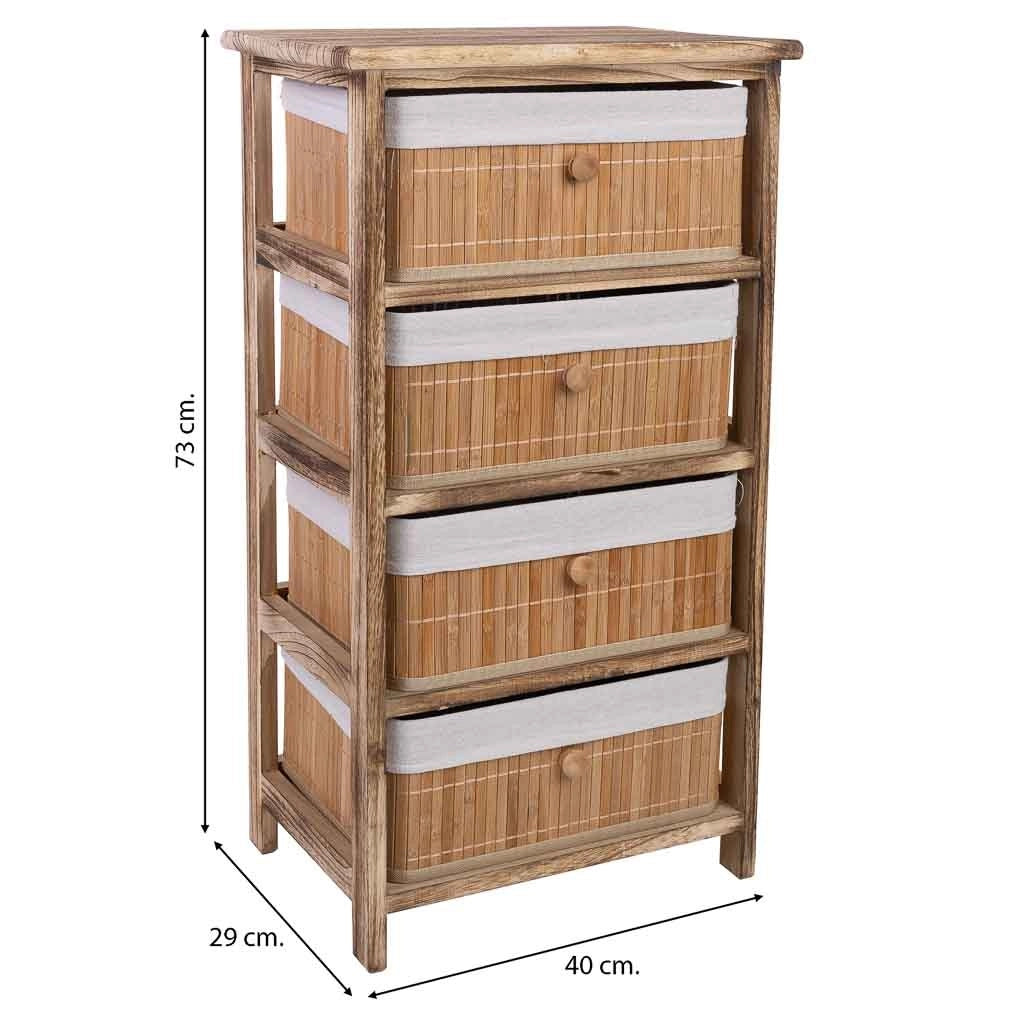 Cassettiera in legno con 4 cassetti in bambù foderati 40x29x73