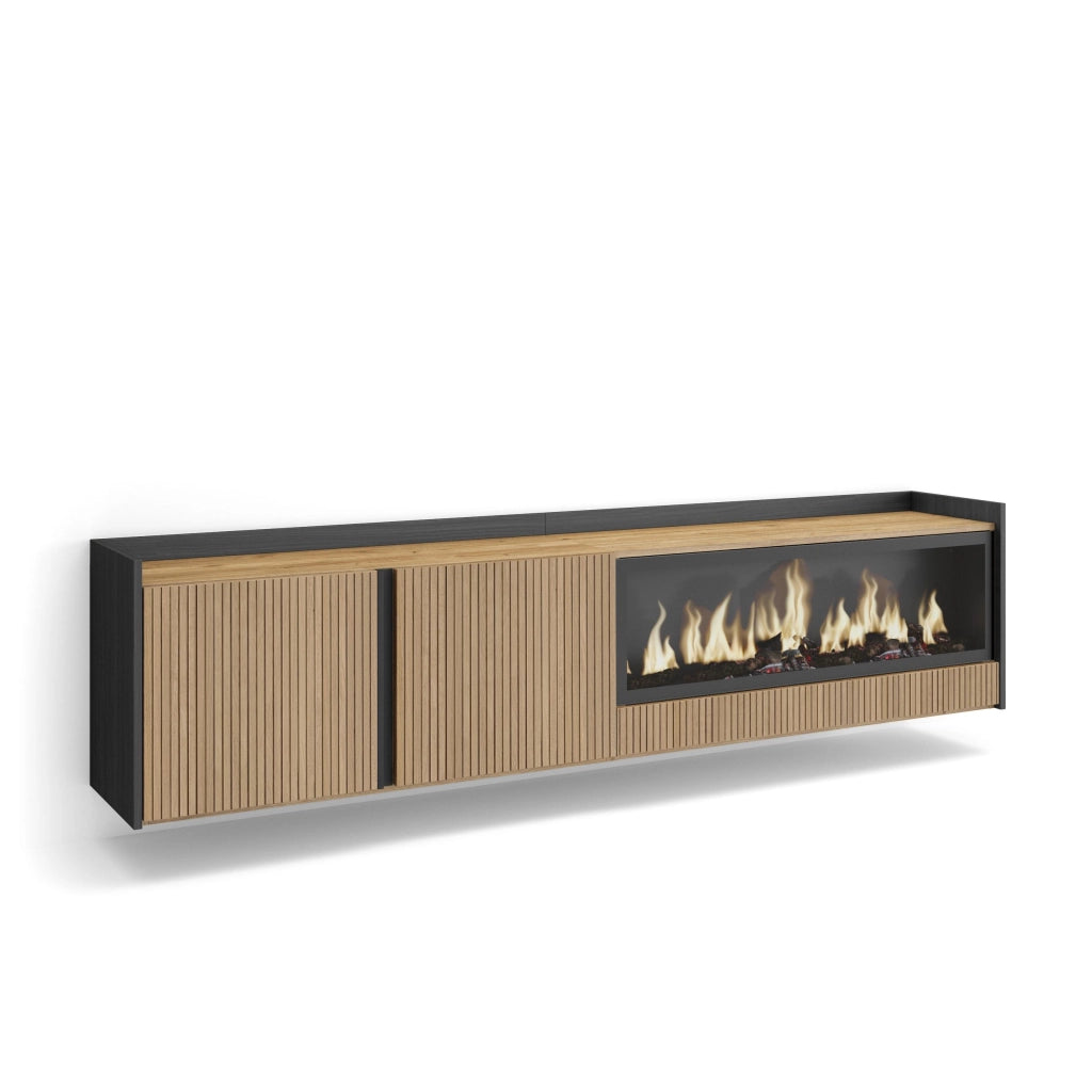 Mobile TV Soggiorno, 212x50x35 cm, Per TV fino a 80", Camino elettrico XXL, Sospeso, da appendere, Rovere e nero