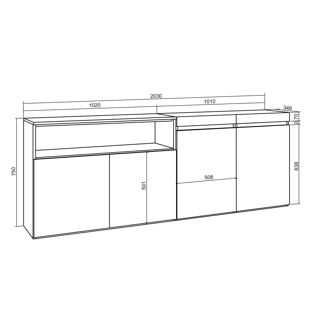 Credenza, Mobile, 200x35x75cm, 4 Porte, grande stoccaggio, Nero RF2383