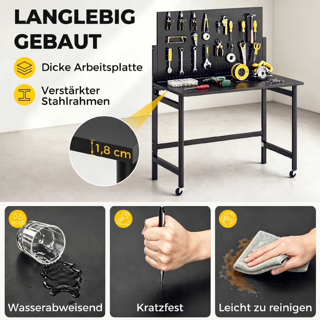 Banco da lavoro mobile pieghevole con pannello forato ¨C Minimal ¨C Nero, acciaio, 120x60x90 cm