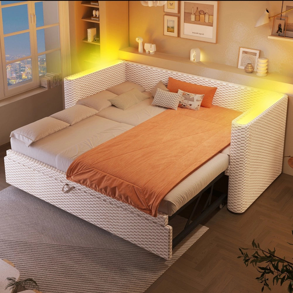 Letto di Giorno Estraibile con LED ¨C MINIMAL ¨C Velluto Beige, 90x200 / 180x200, Rete a Doghe
