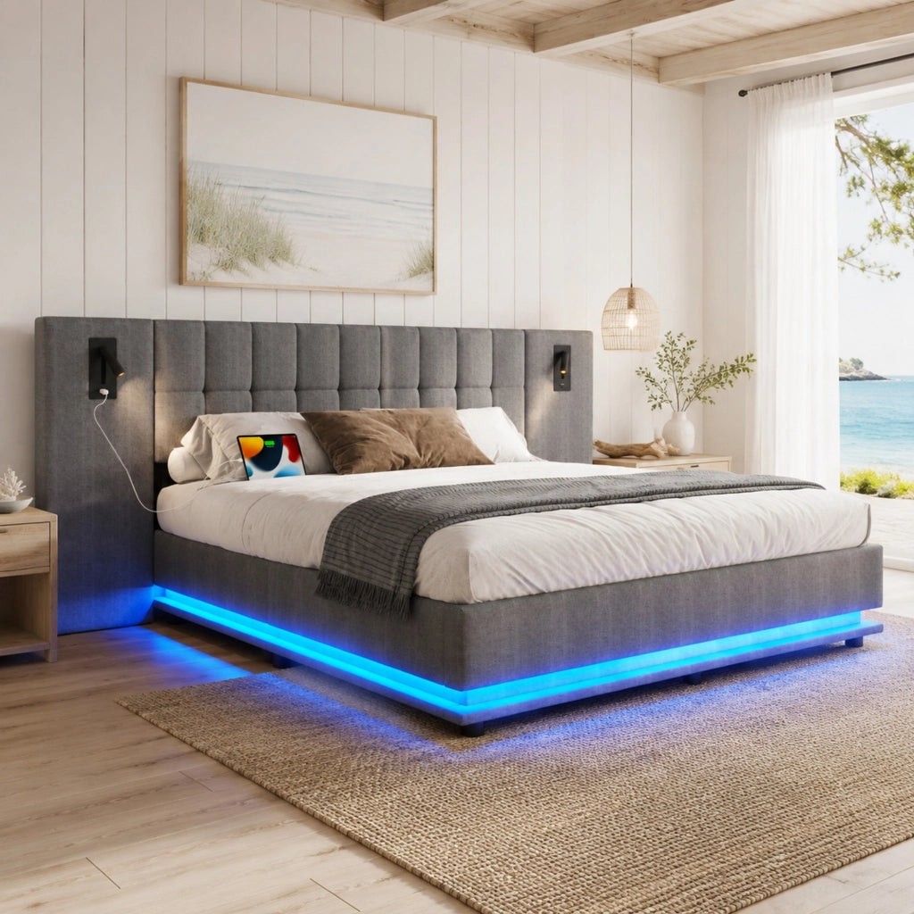 Letto imbottito 180x200 cm in lino grigio con LED, USB e luce spot, senza materasso