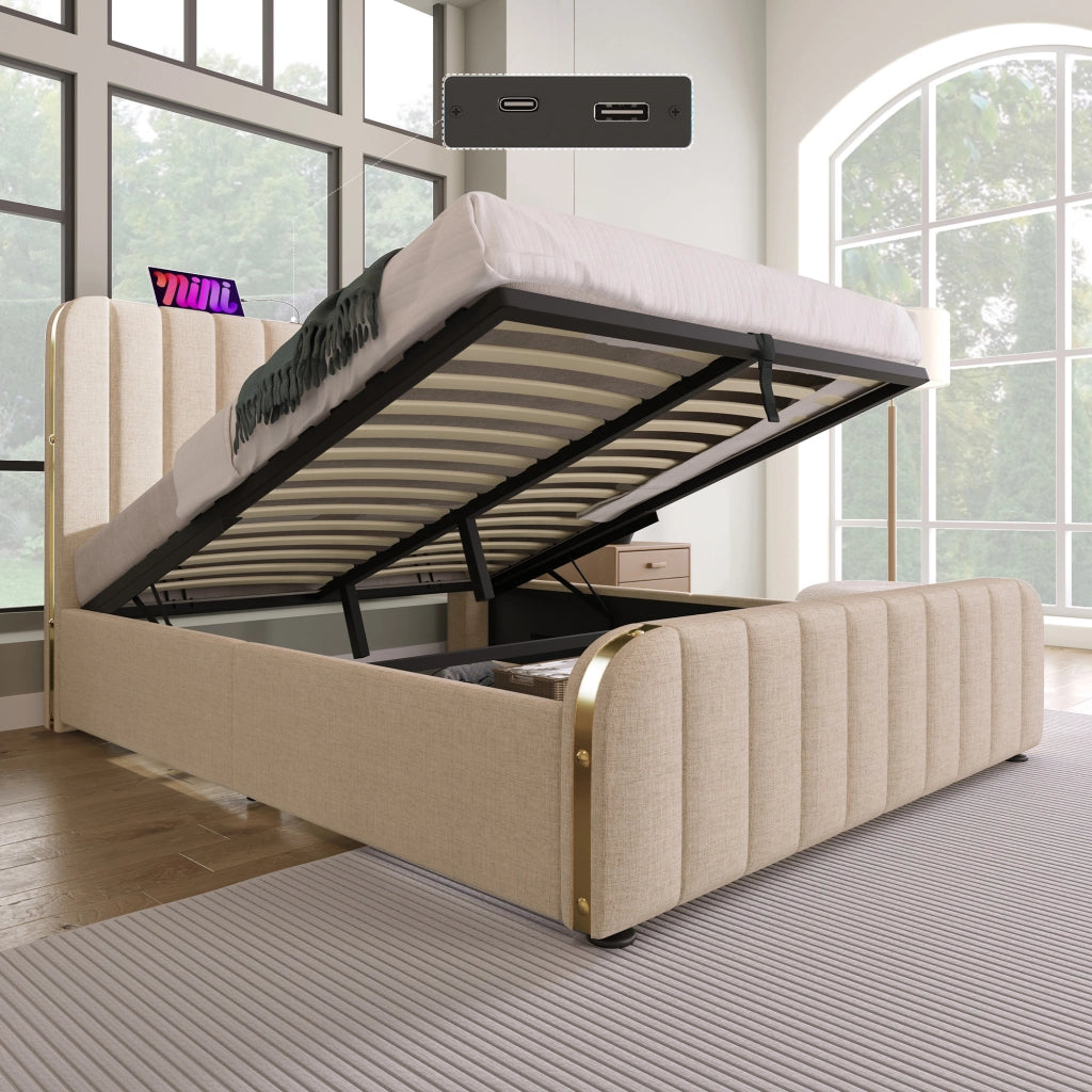 letto imbottito lino beige 160 x 200 cm