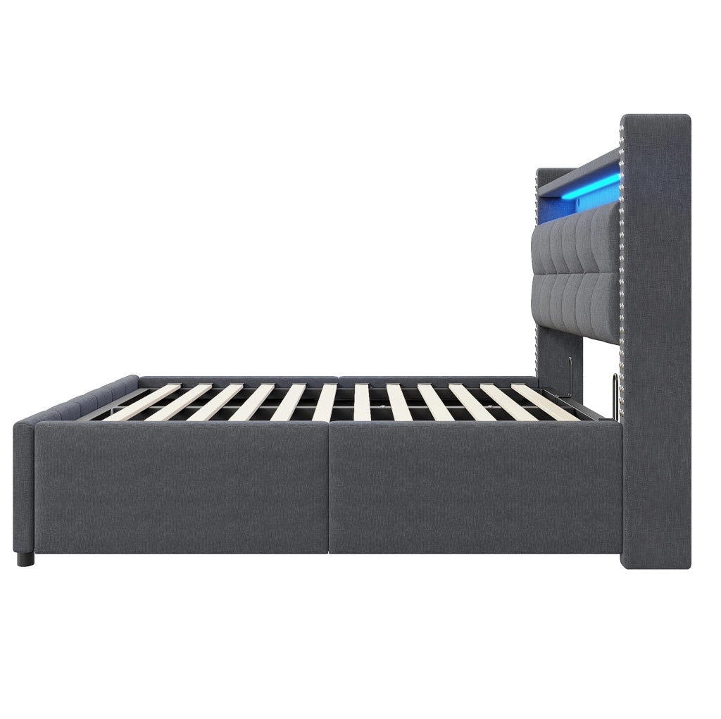 Letto imbottito 160x200 cm con LED, USB e vano contenitore
