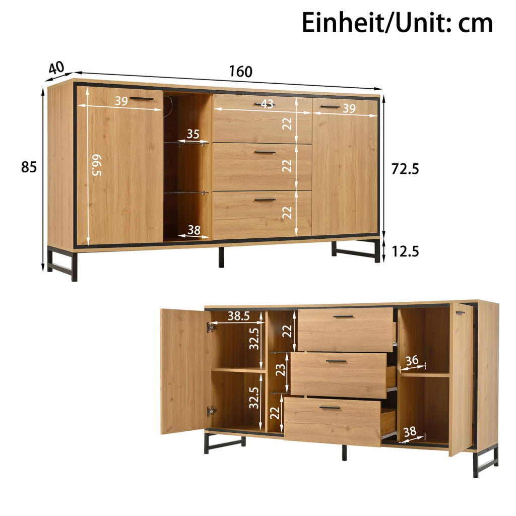 Credenza moderna 160x40x85 cm in pannello truciolare; colore naturale con LED a 16 colori