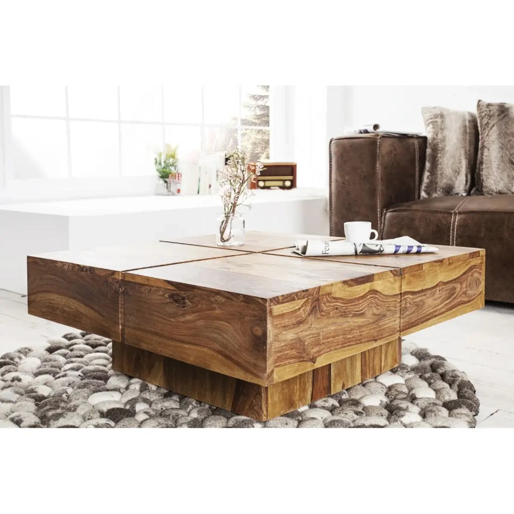 Tavolino basso TOLB 70 cm in legno massiccio di Sheesham – Tavolino basso quadrato design con piede centrale