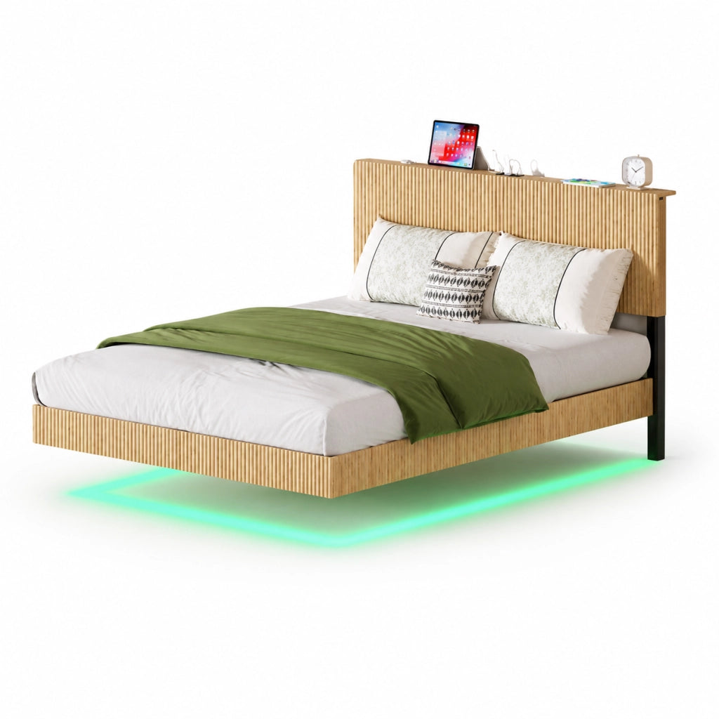 Letto 210.5x144x99.7 cm con design sospeso; testiera con presa e LED RGB; metallo e pannello truciolare; naturale