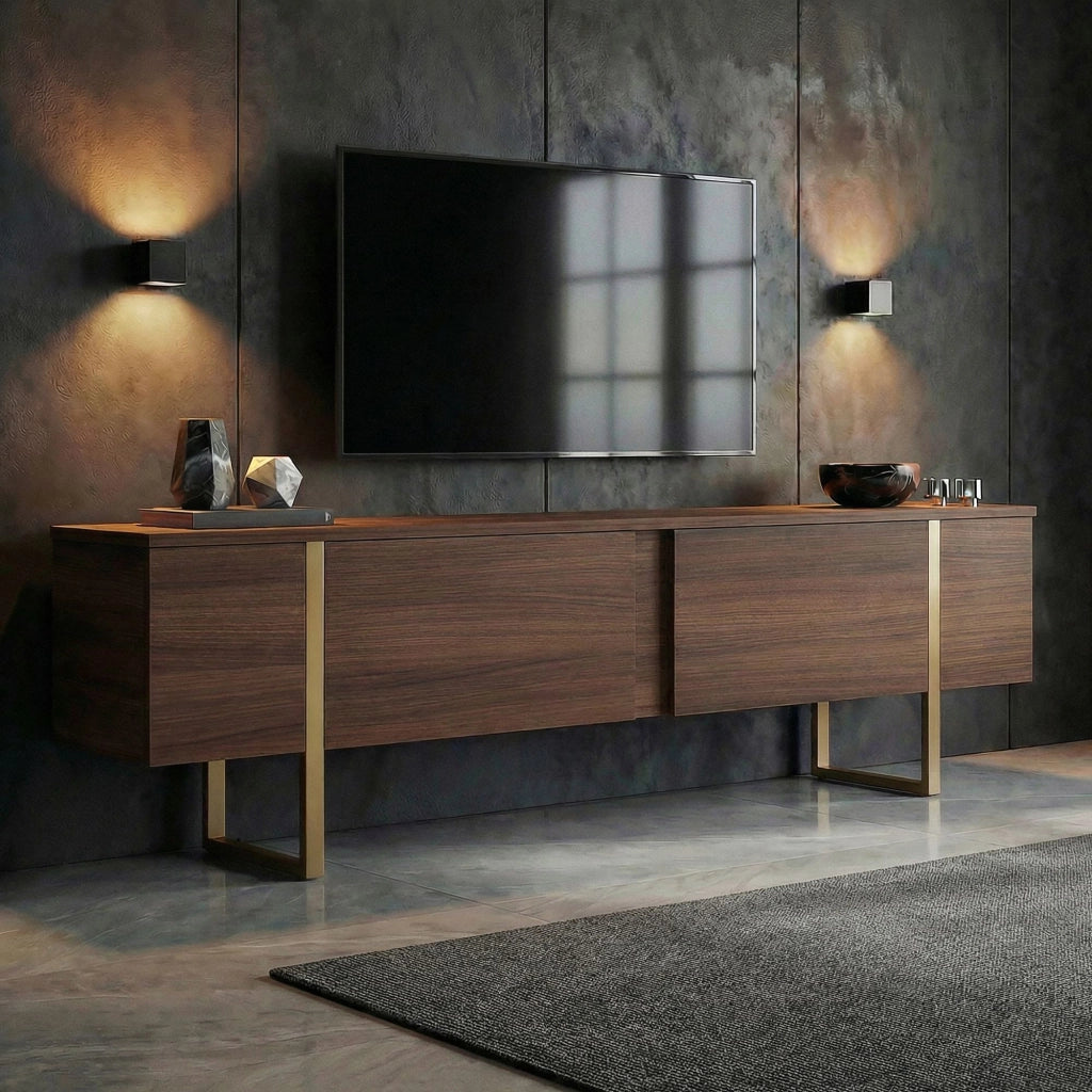 Porta TV in legno "Onera" - 180 x 30 x 50 cm - Noce / Oro