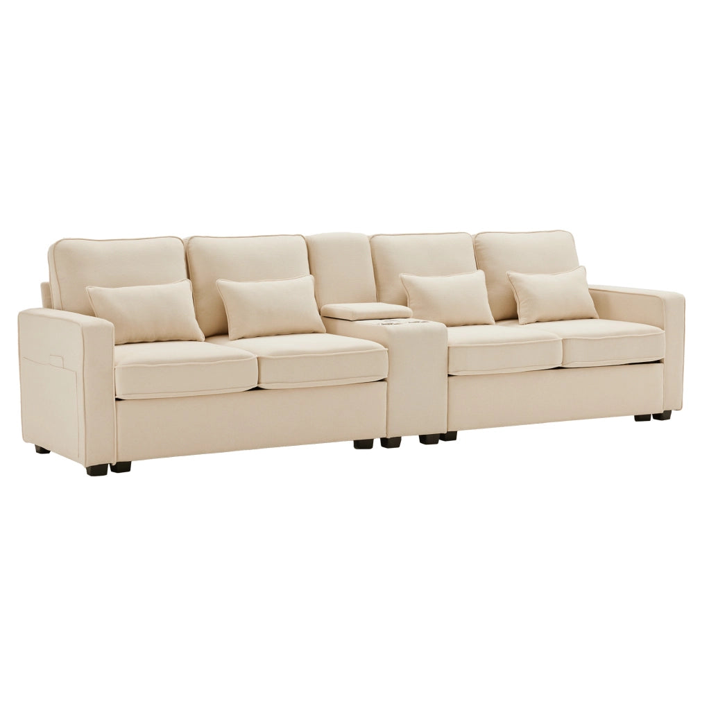 Divano 4 posti 290x83x88 cm con porta USB; 2 portabicchieri e tasche laterali in tessuto lino beige
