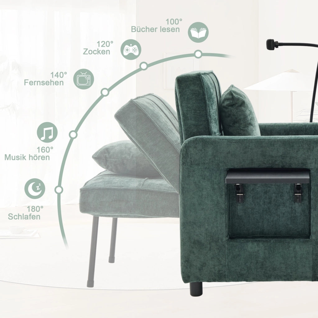 Poltrona letto 2 in 1 convertibile in chenille verde; 167 x 79 x 83 cm; con poggia-braccio