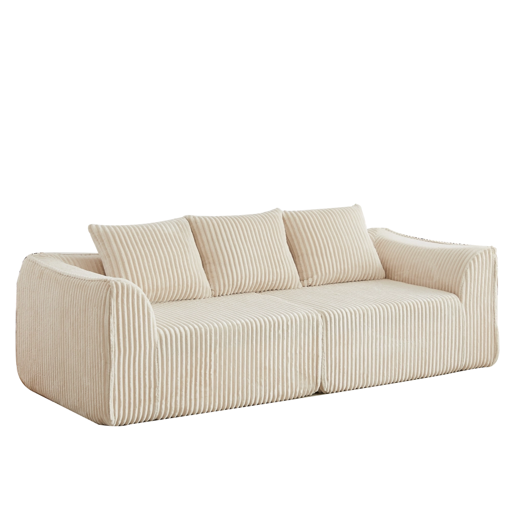 Divano modulare senza montaggio con linee curve e cuscini in velluto a coste beige 235 cm