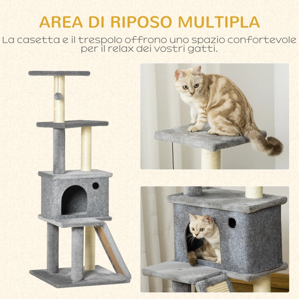 Albero Tiragraffi Multilivello con Casetta 48x48x125 cm Rivestimento in Peluche e Sisal Grigio