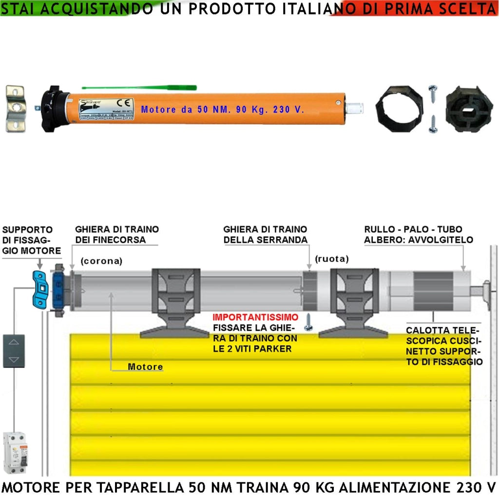 Kit Motore 230 V 220 W Per Tapparella 90 KG Potenza di Traino 50 Nm Sistema Blocco Sollevamento Telo Fine Corsa Regolabili Accessori Meccanici x Tubo Ottagonale Diametro 60 mm Protezione Termica 135°