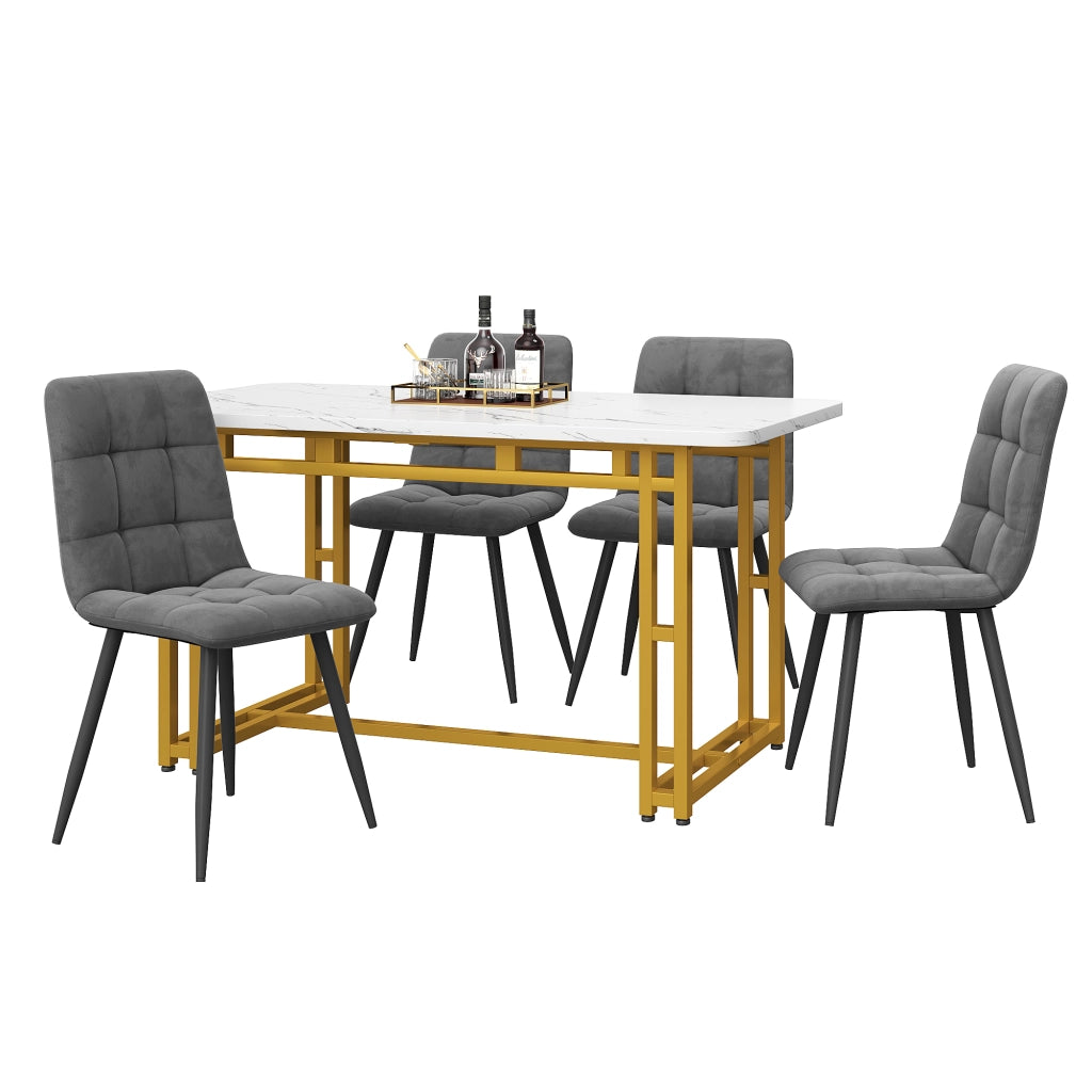 Set Tavolo da Pranzo con 4 Sedie ¨C Xylo ¨C Piano Dorato, Gambe Metallo, Seduta Velluto Grigio Scuro, 120x70