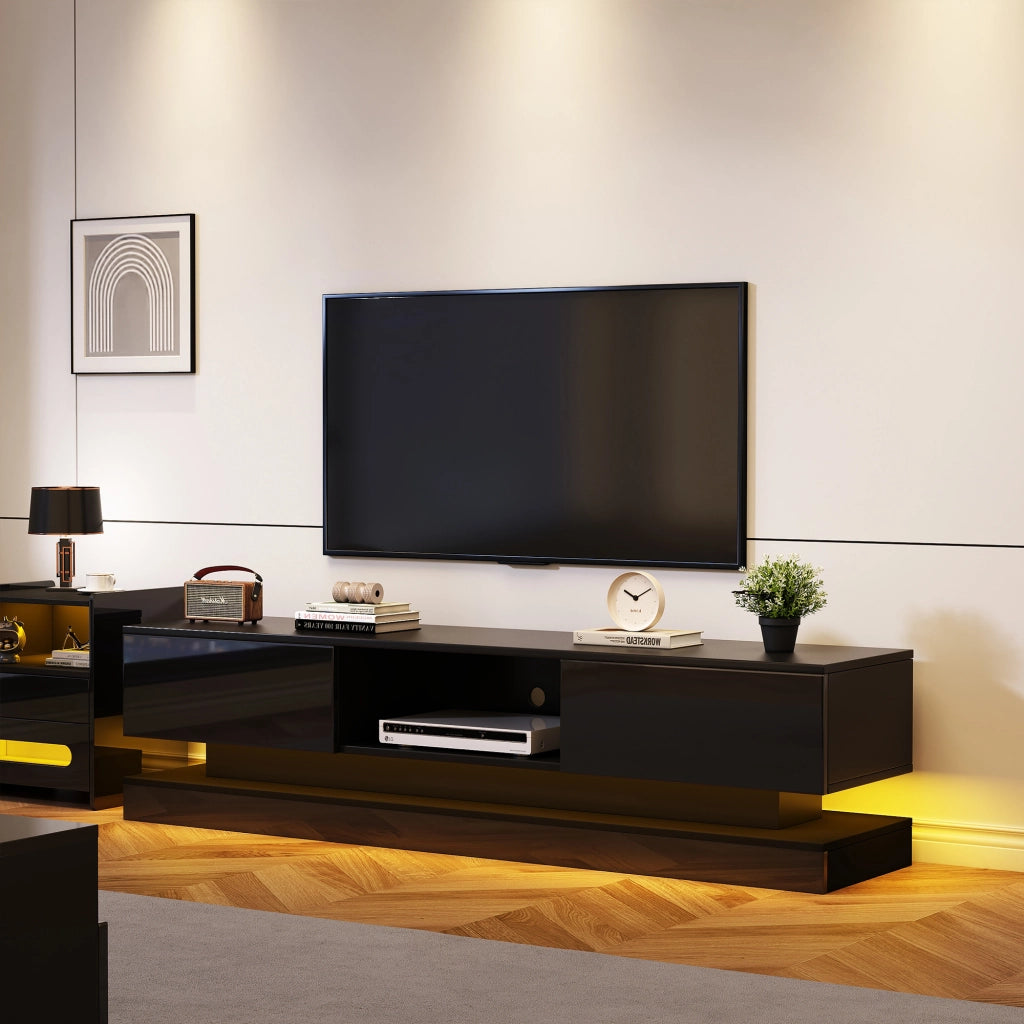 Mobile porta TV nero lucido con LED da app, 2 cassetti, passacavi e design anti-ribaltamento 160 × 35 × 40,5 cm