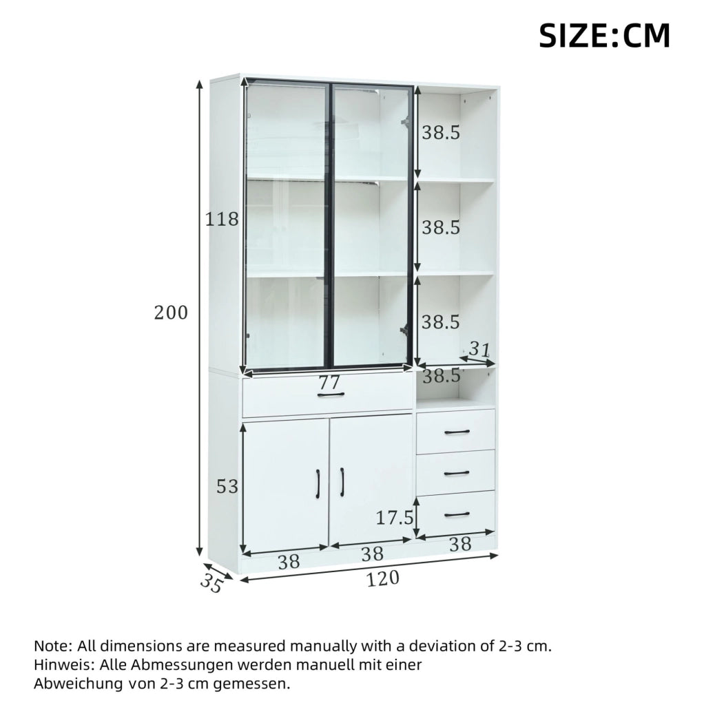 Vetrina alta con LED e 4 cassetti 120x35x200 cm; bianco; in truciolare con vetro temperato