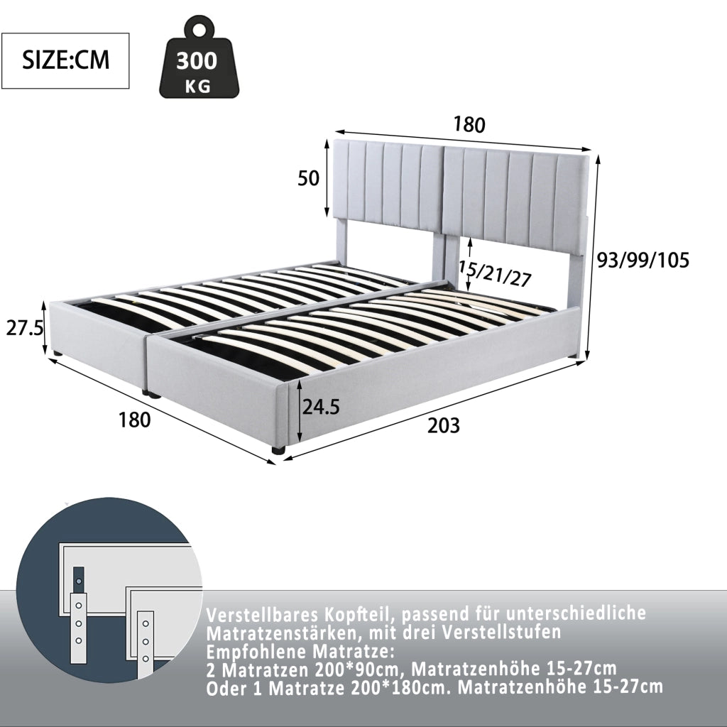 DESMIU Letto Contenitore Letto Matrimoniale con Vano Idraulico, Testiera Regolabile, 180 × 200 cm e 90 × 200 cm, Senza Materasso