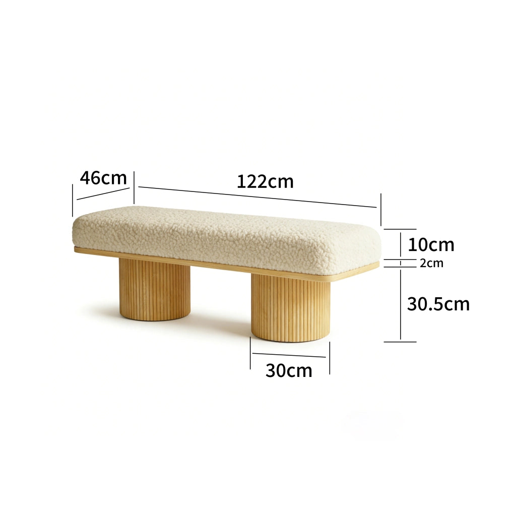 Panca imbottita 122 cm en teddy fleece con base in legno massiccio, seduta morbida per ingresso e camera, naturale