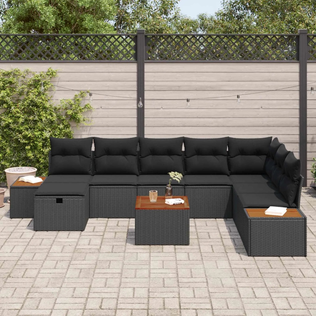 Set Divano da Giardino con cuscino 9 pcs Nero Poly Rattan
