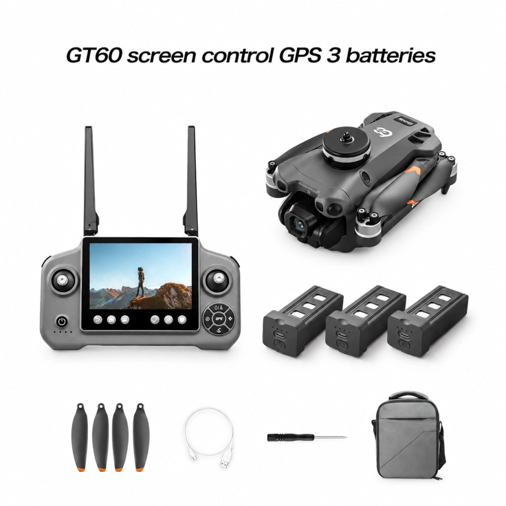 Drone pieghevole con telecamera GT60 720P GPS 3 batterie 3.7V 2650mAh 60 min schermo 4.3 evitatore ostacoli 245g gimbal 90 gradi 5G 12+ EIS borsa 6 CH