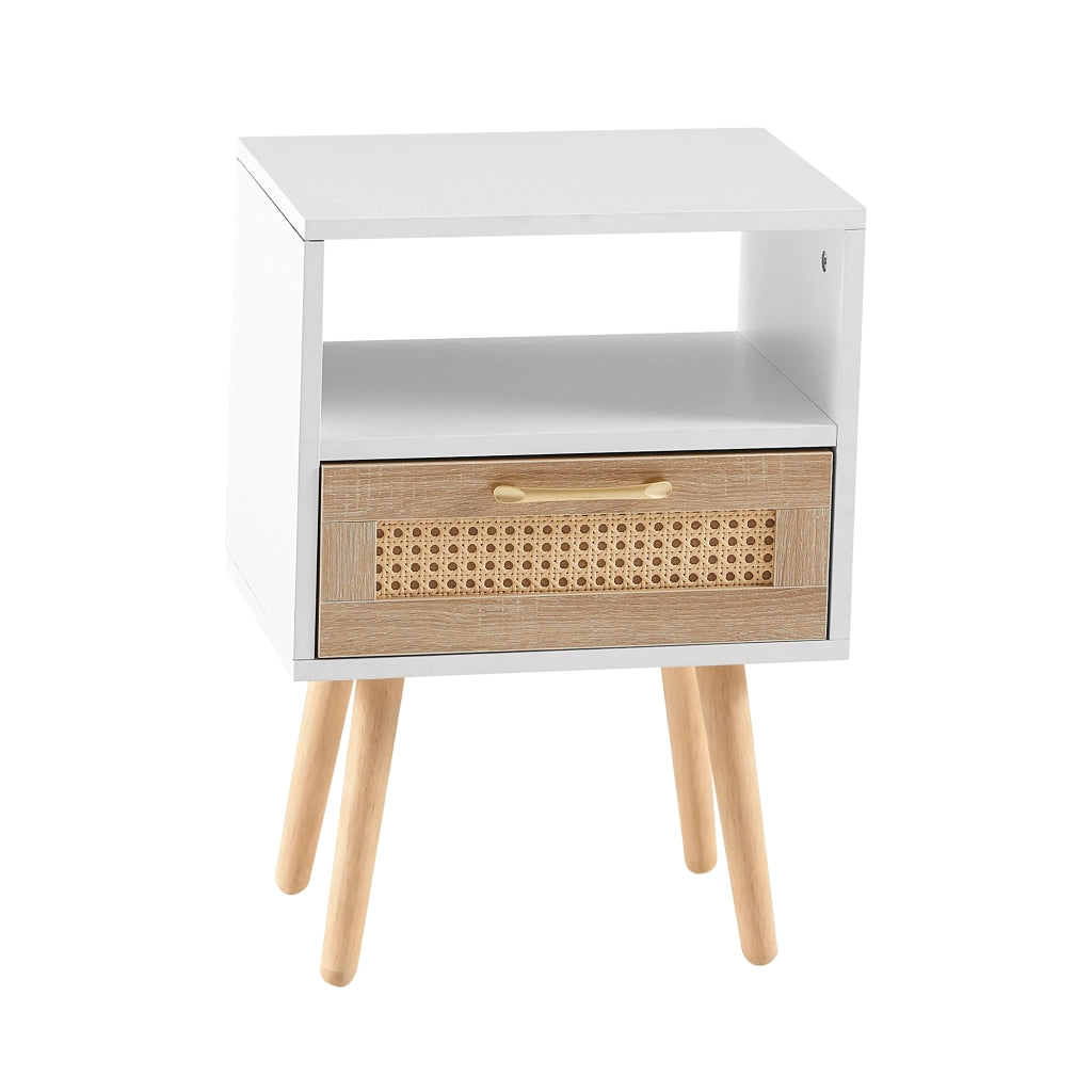 TAVOLINO con cassetto in MDF e rattan, gambe in legno massello, bianco/naturale