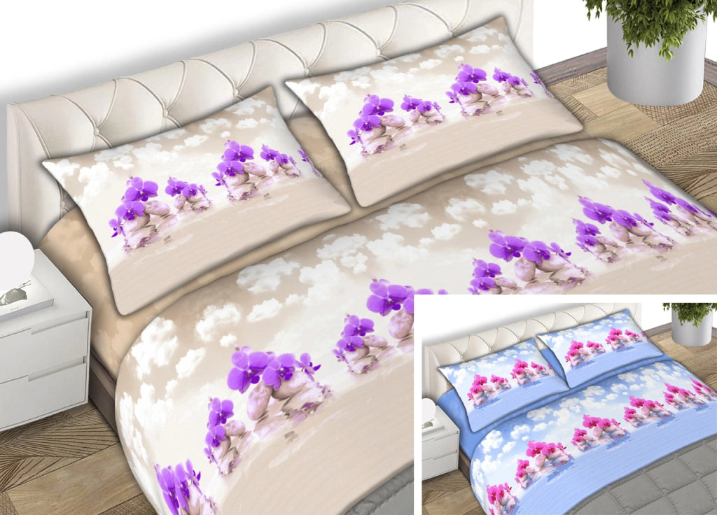 Completo Lenzuola 100% Cotone Made Italy Fantasia Floreal Cloud C.N. - Matrimoniale - Azzurro