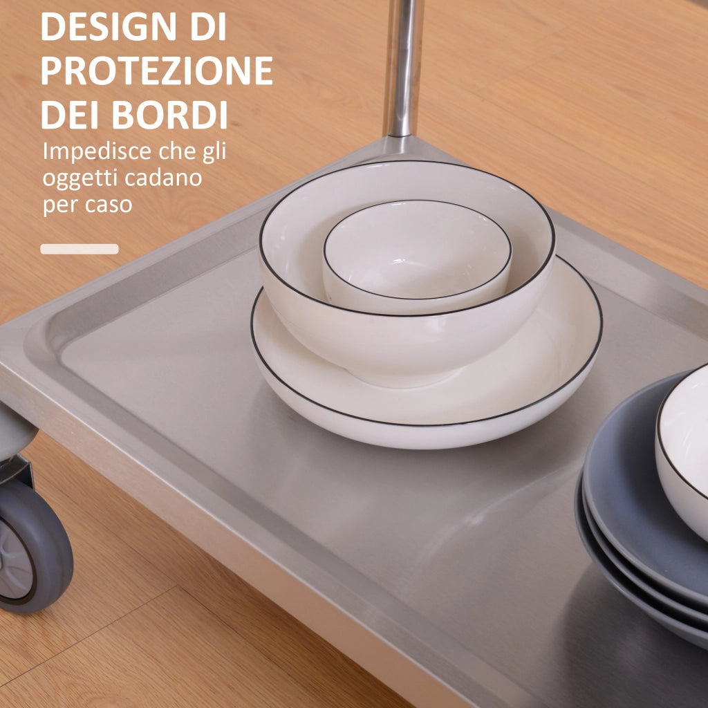 Carrello Cucina 2 Ripiani, Carrello con Ruote Portatutto, Carrello Portavivande in Acciaio Inox, 80x45x82cm, Argento