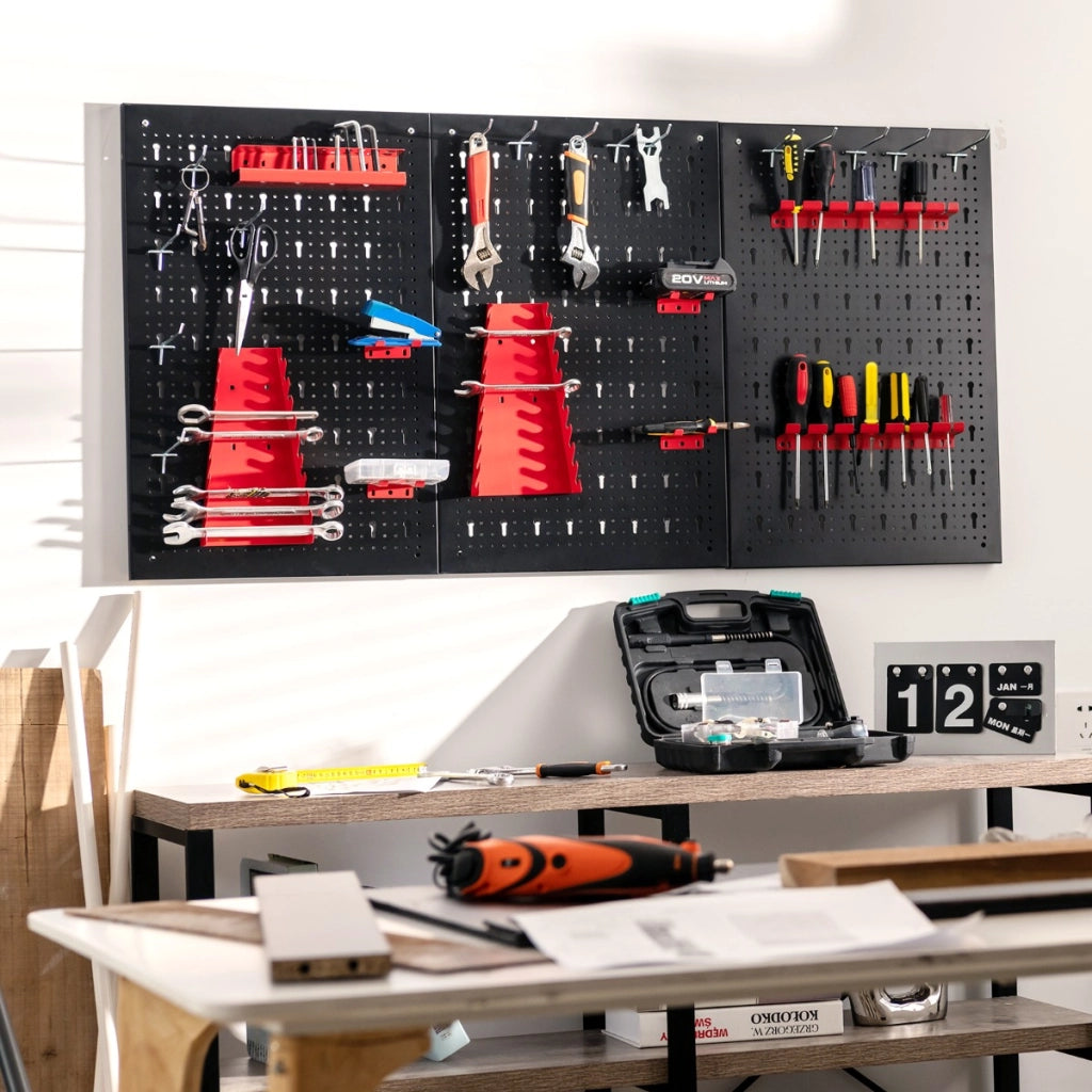 Organizer da parete in metallo con 3 pannelli forati 25 accessori, Kit per la conservazione degli attrezzi