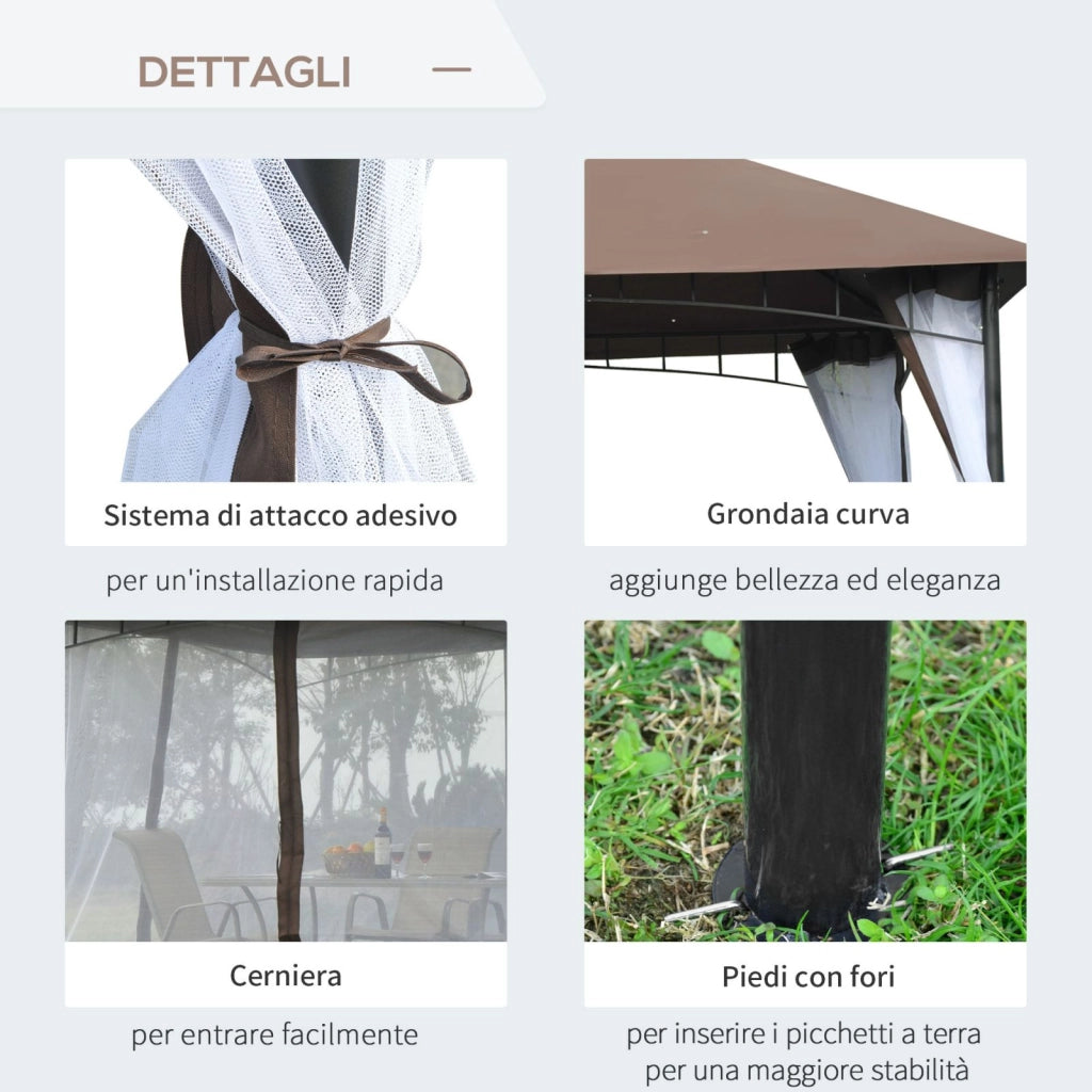 EasyComfort Gazebo da Giardino 3x3m con Zanzariera, Tetto a 2 Livelli e Struttura in Metallo Marrone