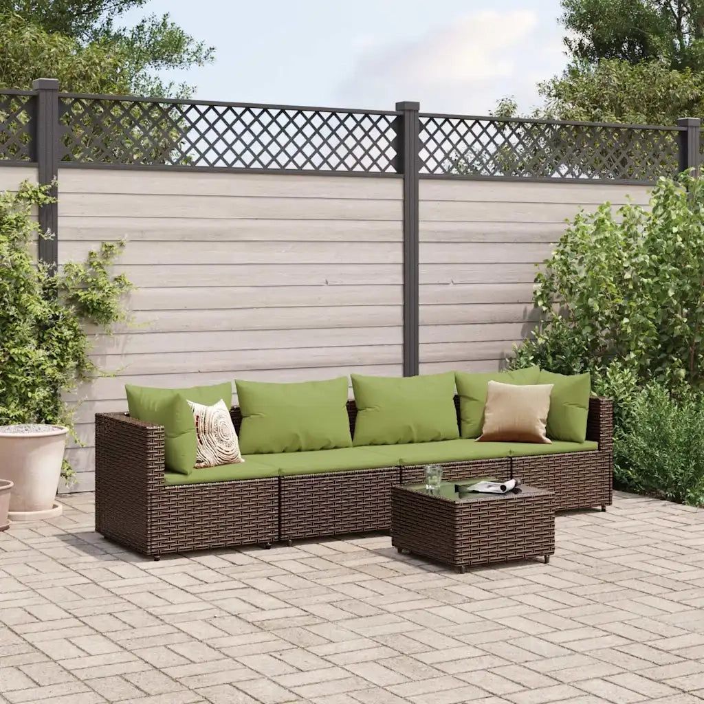 Set Divani da Giardino 5 pz con Cuscini Marrone in Polyrattan