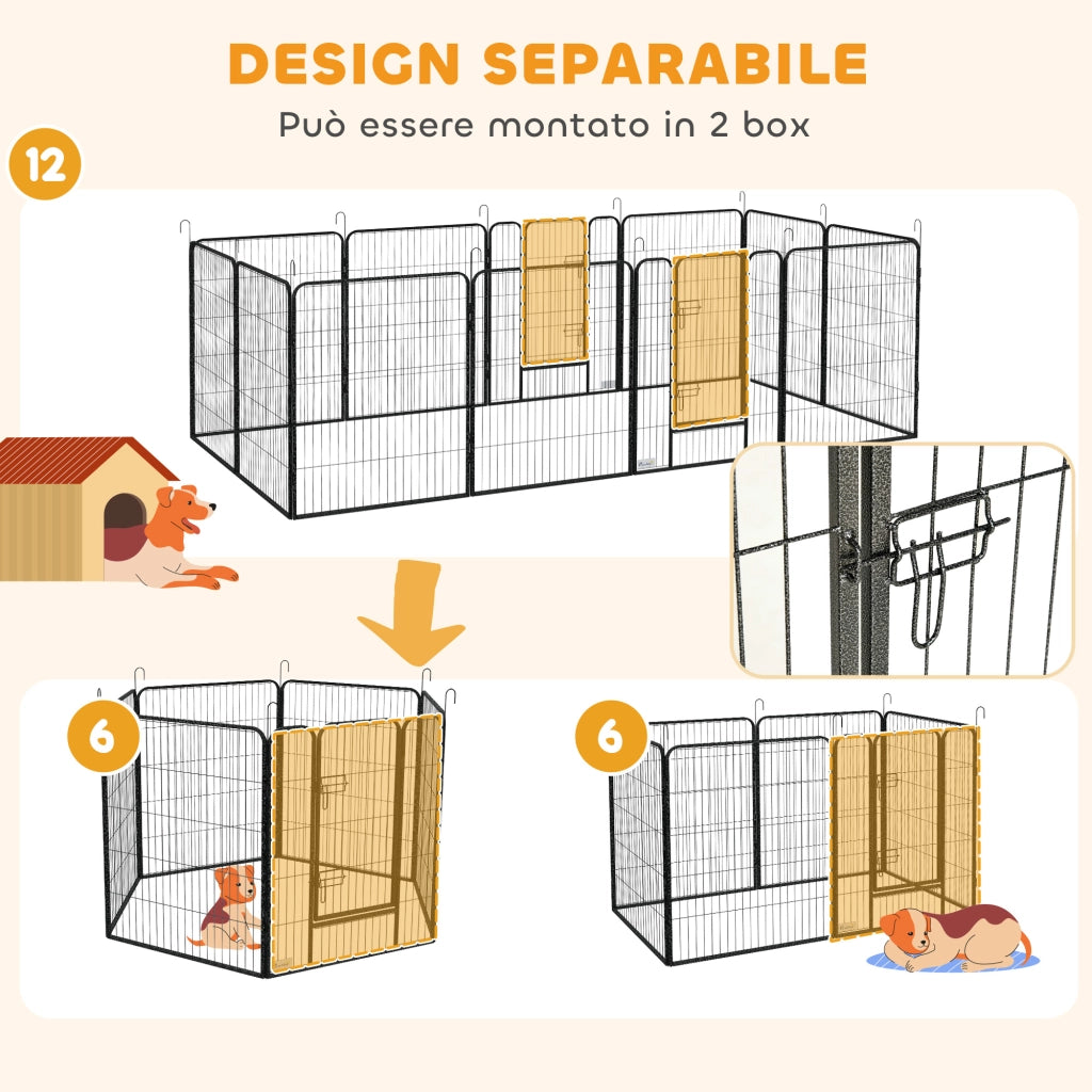 Recinto per Cani a 12 Pannelli Modulabili da 80x100 cm Pieghevole con Porta in Acciaio e 12 Picchetti Grigio
