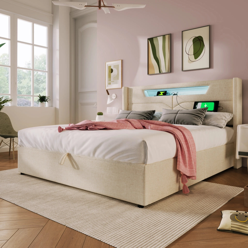 Letto matrimoniale imbottito 140x200 cm in lino beige con LED; USB e Type-C