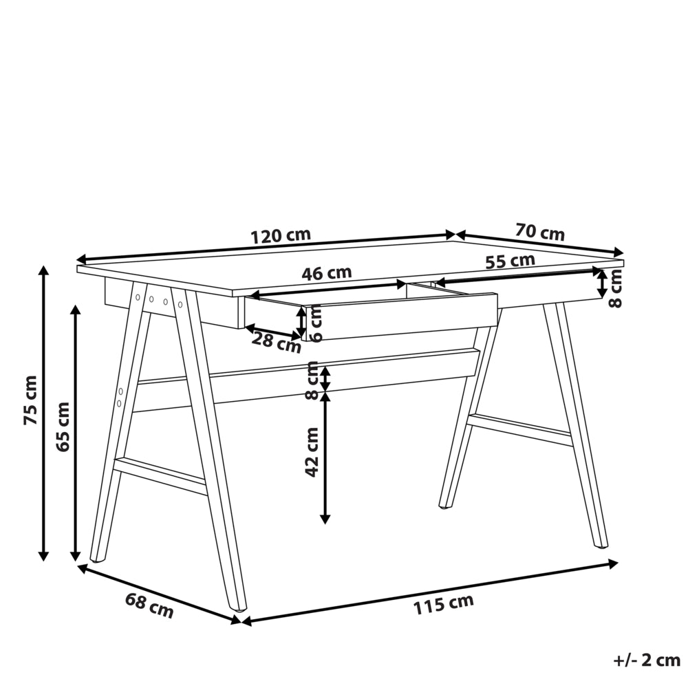Scrivania per home office in legno chiaro 120 x 70 cm Postazione di lavdorato con 2 cassetti