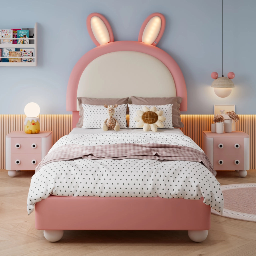 LETTO imbottito 90x200 cm in PU Rosa con testiera a forma di coniglio e LED