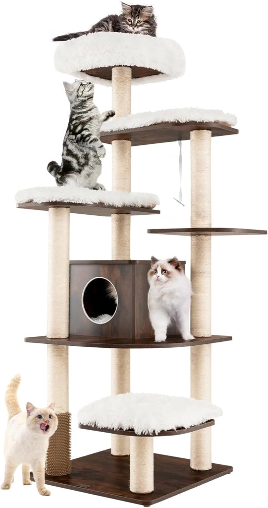 Tiragraffi per Gatti Adulti, Tiragraffi per Gatti con Cuccia, Piattaforma, Cuscini e Tiragraffi, Albero Tiragraffi per Gatti Grandi Alto in Legno, 60 x 60 x 160 cm