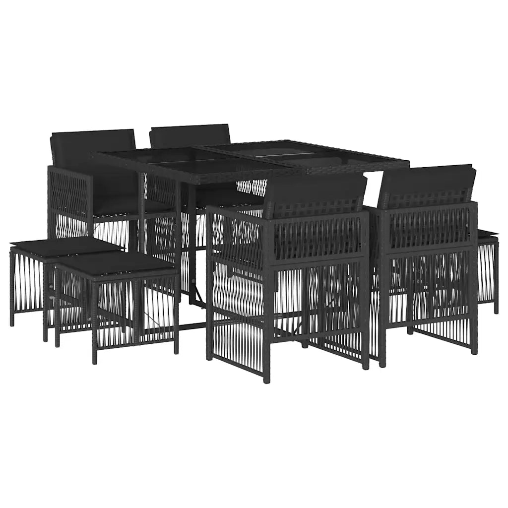 Set da Pranzo da Giardino 9 pz con Cuscini Nero in Polyrattan 3210955