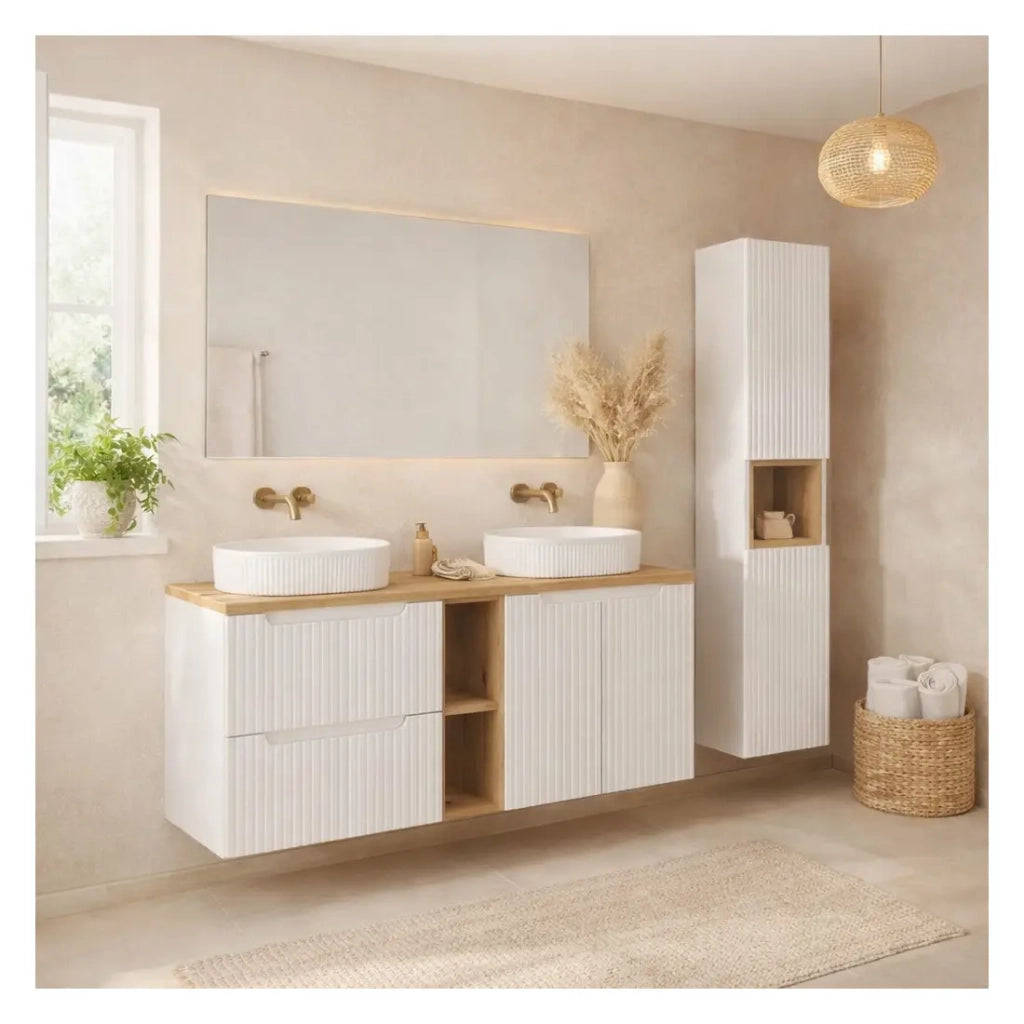 Set VANO bianco 170cm: mobili sotto lavabo con nicchie visibili a cassetti e armadietti + due lavabi da appoggio + colonna