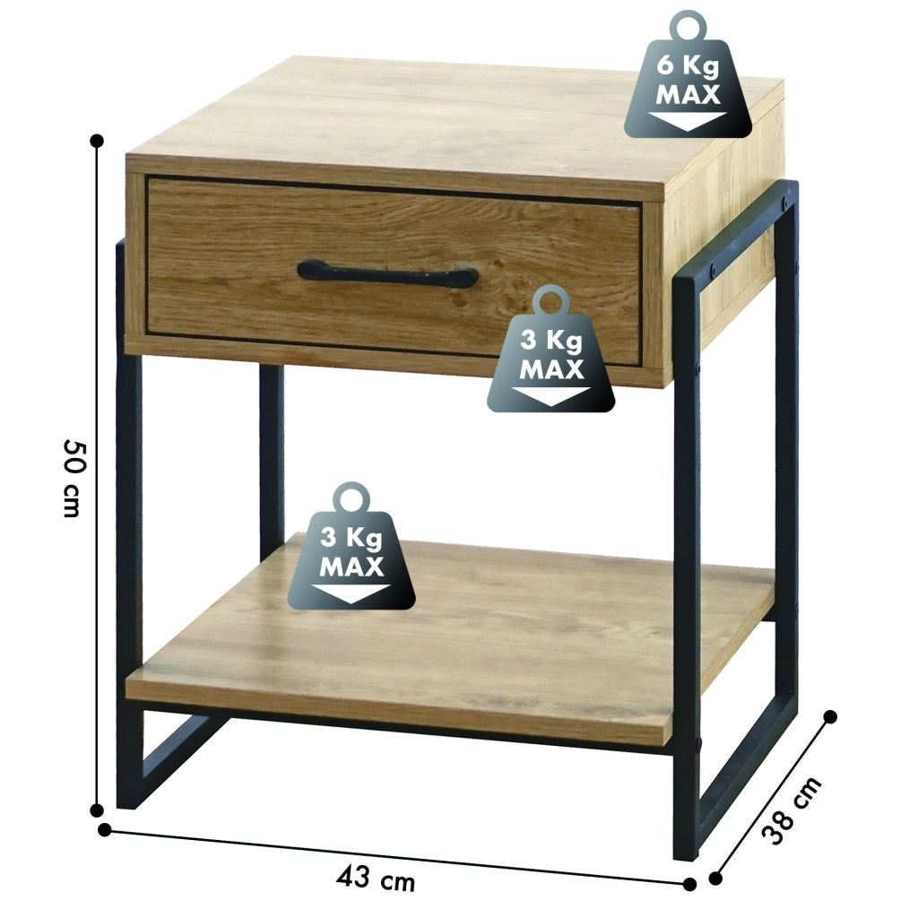 Comodino In Legno Metallo Con Cassetto Con Maniglia E Scomparto Aperto Camera Da Letto Portalibri Oggetti Mensola Libreria Stile Industrial