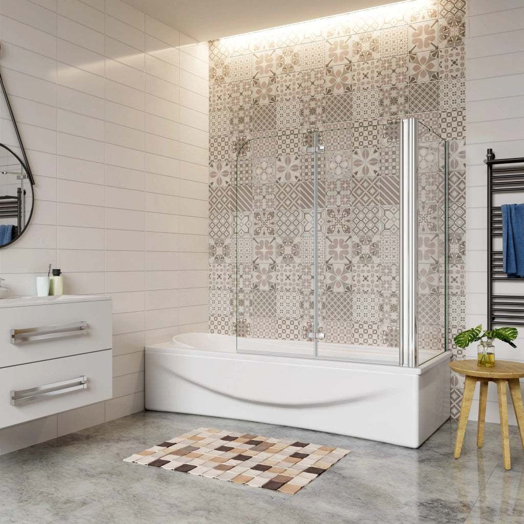 H.140 cm Sopravasca da Bagno Doccia con Parete Fissa 90x75 cm Due Ante Pieghevoli a Libro Vetro Temperato Trasparente 6 mm Anticalcare Cromo Lucido