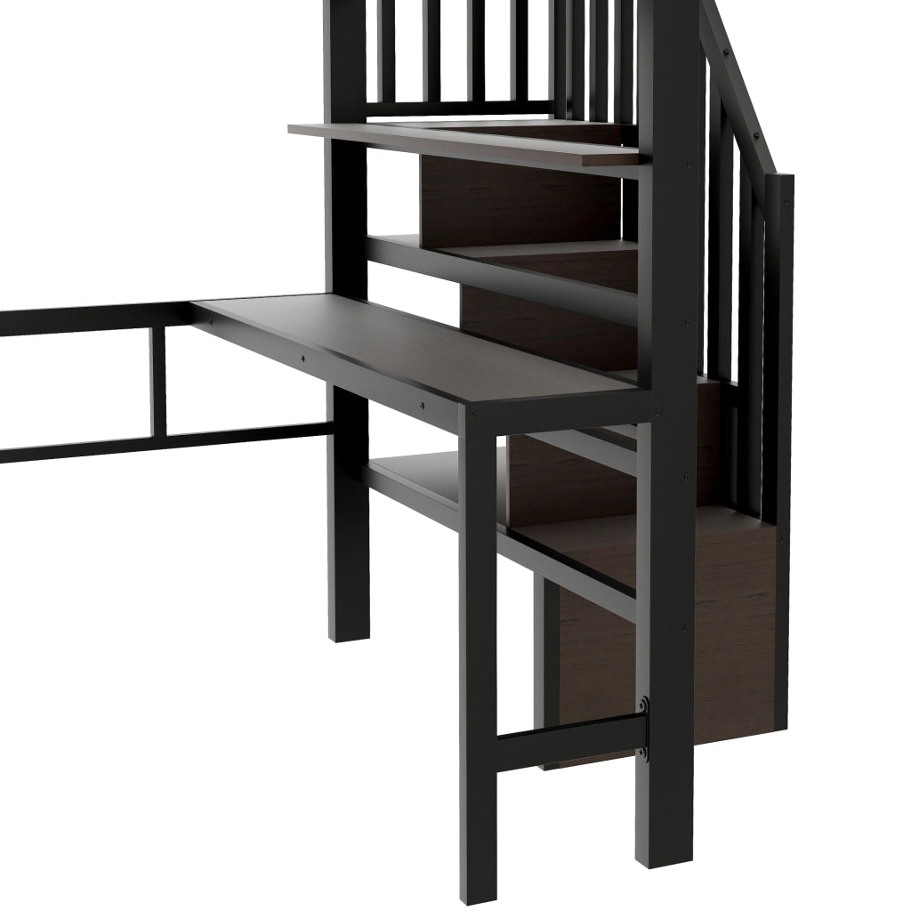 OKWISH Letto a soppalco 140×200 cm, Letto Matrimoniale con Scrivania, Mensole, LED Regolabile e Scale con Contenitore, senza Materasso, Nero
