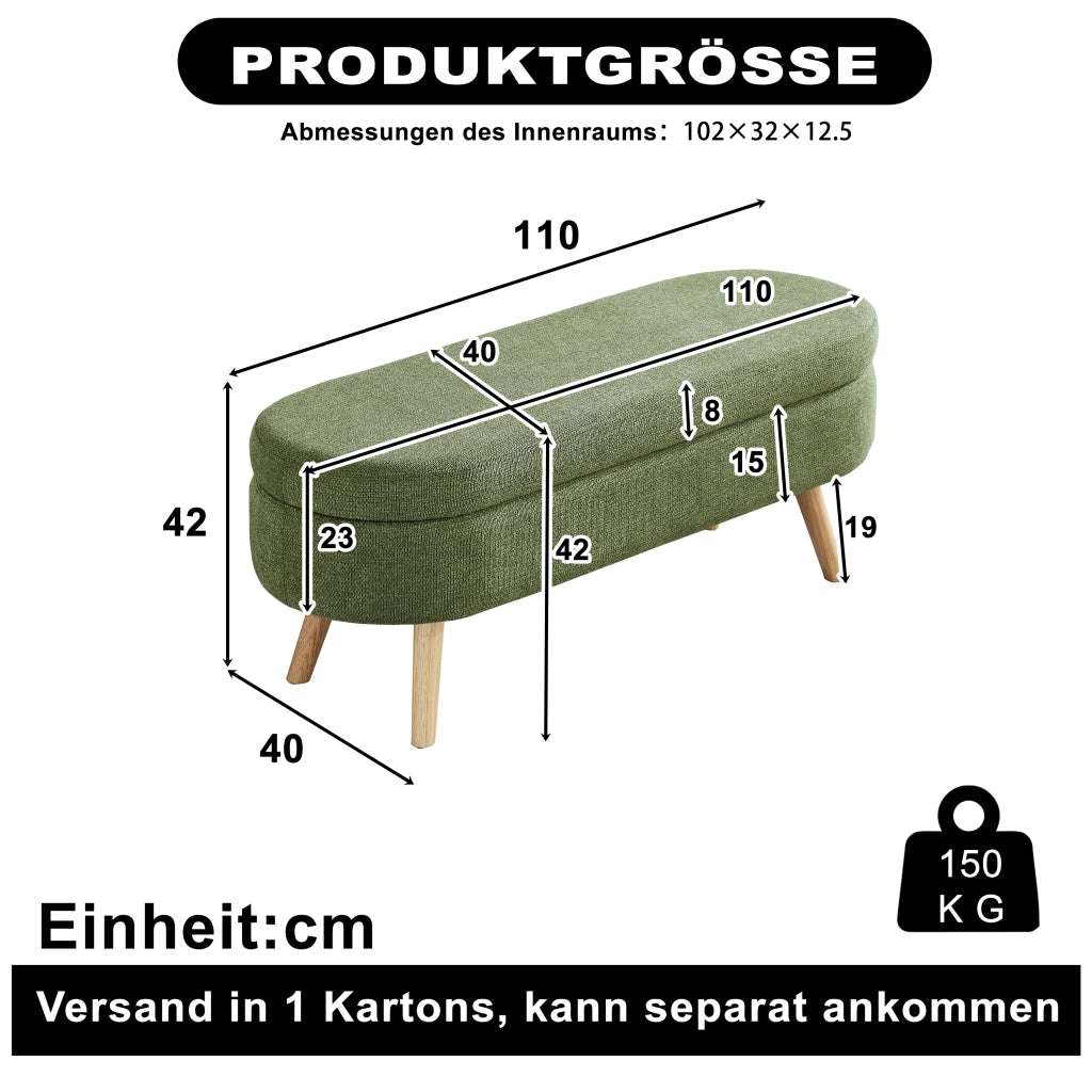 Panca contenitore 110 cm in chenille verde, struttura MDF robusta, con vano portaoggetti e fori di ventilazione