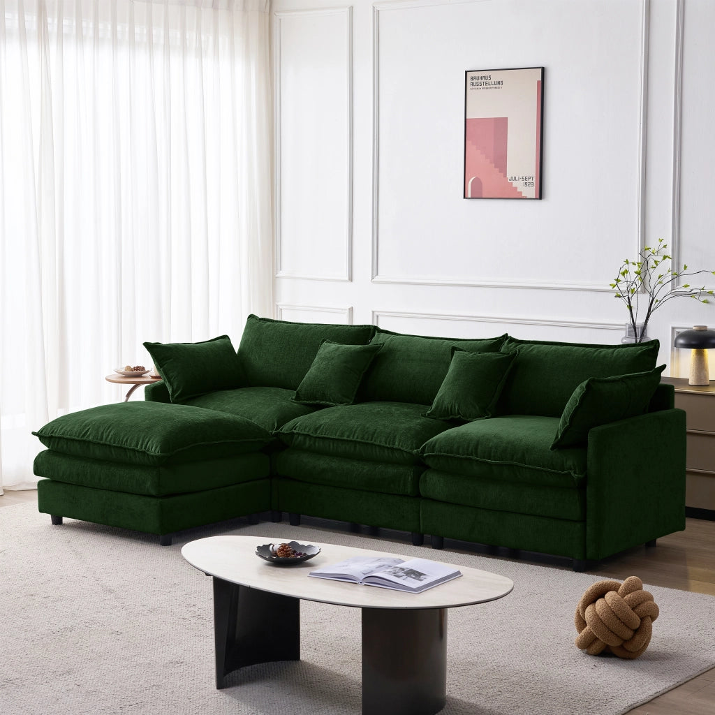 Divano angolare 3 posti con pouf mobile e cuscini sfoderabili, schienale confortevole in ciniglia verde